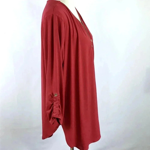 Women's Red Tunic Top Zenana Outfitters 3X Gold 1/3 Zip Popover Ruched Stretchy - Picture 5 of 11